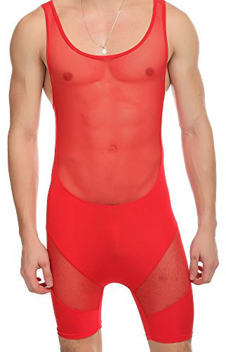 ONEFIT Herren Jumpsuit Unterhemd Mesh Wrestling Singlet Bodysuit Unterwäsche, Rot, S