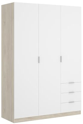 DEKIT GRUPO RIMOBEL Armario ropero de 3 Puertas y 3 cajones, Gran Capacidad, Natural/Blanco, 121x184x52 cm