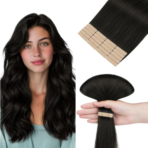 hotbanana Tape in Extensions Echthaar 45cm | Remy Hair Invisible Naturschwarz Haarverlängerungen Echthaar Tapes 20PCS 50g