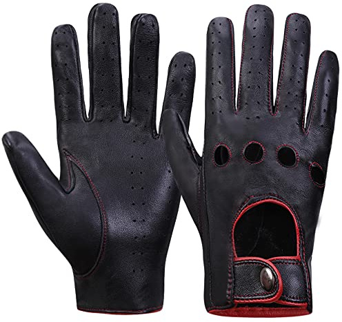 MGGM collection Män läder bilhandskar pekskärm läderhandskar ofodrade, Schwarzrot(touchscreen), M