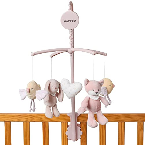 Nattou Móvil musical de poliéster, Zorro, conejo y pájaro, Canción de cuna La-Le-Lu, Aprox. 65 x 31 cm, Alice y Pomme, Rosa