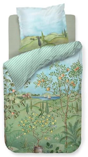 Pip Studio Bettwäsche La Campagna Grün Perkal Landschaft Natur Bäume See Boote Streifen Wendeoptik, Größe:155 cm x 220 cm