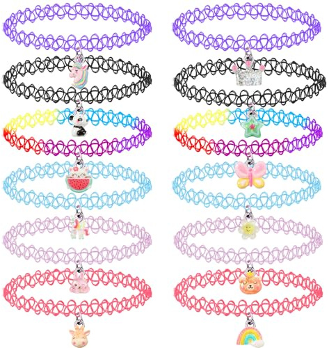 12PCS Gargantilla Collar Set para Niños Adolescentes Mujeres, Colgante Unicornio Arco Iris Panda Gato Corazón Flor Sirena Gargantillas Henna Tattoo Stretch Elastic Negro Rosa Verde Azul Rojo
