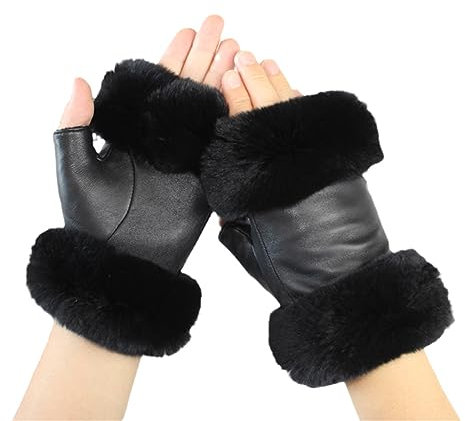 Wvapzxx Damen-Schaffell-Halbfingerhandschuhe, Herbst-Winter-Fell, Warme Fleece-Lederhandschuhe