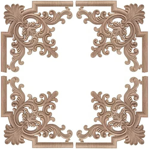 YOKIOU 4 Stück Holz Geschnitzte Applikation Applique Wood Appliques Vintage Style Geschnitzte Blume Ecke Onlay Möbel Nicht lackiert, Holzornamente für Möbel Tür Schrank Wand (15CM)