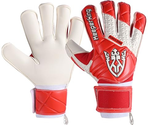 Keeperking SP 2.0, junior, tonåringar, vuxna, målvaktshandskar för barn med fingersaves, målvaktshandskar för män av latex med starkt grepp och avtagbart fingerskydd (8, röd-vit)