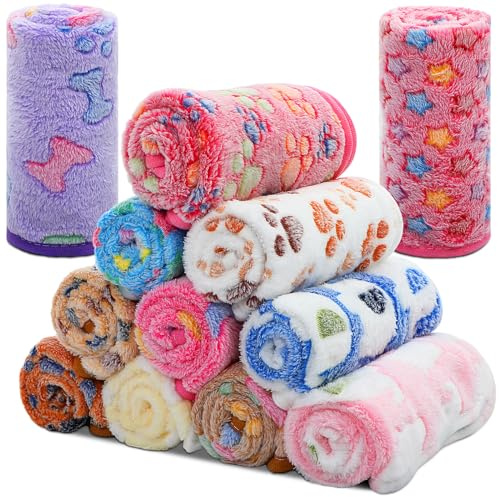 Tatuo 12 Pieces Puppy Blanket Warm Dog Cat Sleep Mat Pet Kitten Doggy Fleece Blankets with Cute Dog Paw Bone Star Elephant Patterns Printed Fluffy Blanket for Small Cat Puppy (30 x 20 Inch)