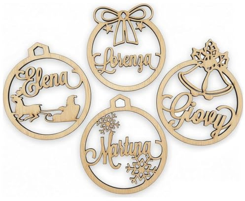 Set 4 Palline di Natale in Legno Personalizzate con Nome Idea Regalo Buone Feste Buon Natale Addobbi Natalizi Festività Ghirlande Decorazioni Natalizie Casa Albero Presepe Cuore Stella Quattro Palline