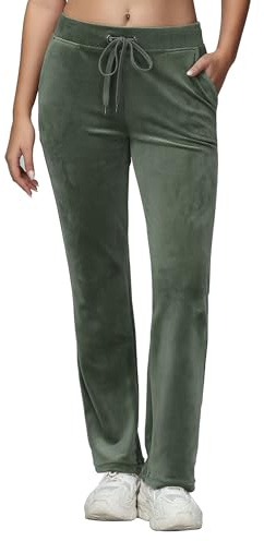 COZZIPLUS Women Velour Pant,Soft Velvet Sweatpant for Women, Straight Leg High Waist Velour Lounge Pant with Pockets, Olive Green, M