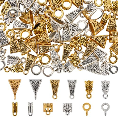 SUNNYCLUE 1 Box 120 Stück 12 Stile Anhänger Mit Ösen Perlen Mit Ösen Legierung Tibetisches Silber Röhre Öse Säule Blatt Dreieck Flach Rund Goldene Aufhänger Verbindungsstücke Abstandsperle Für Europäi