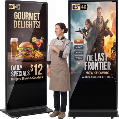 YCKJNB Totem Pubblicitario Digital 65, Segnaletica Digitale 4K con 4 Ruote, Display LCD Professionale 24/7 per Negozi, Centri Commerciali e Ristoranti, USB/WiFi/HDMI, Nero, Touch