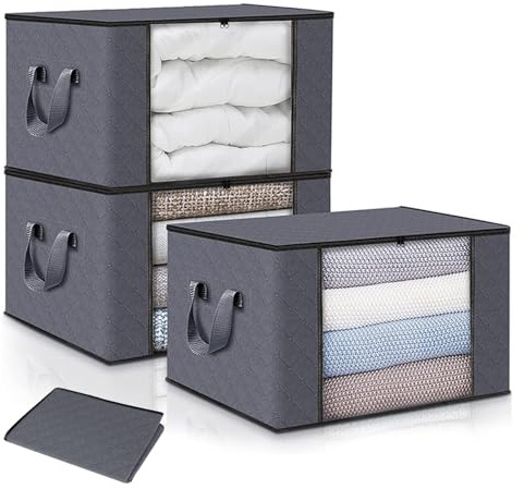 Geebymol 3 Pack 90L Clothes Storage Bags Large Storage Box with Lid Packing Boxes for Moving House with Reinforced Handle Thick Fabric Clear Window for Clothes Duvet Blankets Bedding, Grey