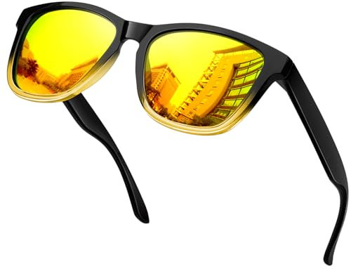KANASTAL Gafas de Sol Amarillas Espejo Hombre y Mujer Polarizadas Cristal Amarillo Cuadradas Vintage Clásicas Protección UV400 - Marco Negras con Lentes Amarillo