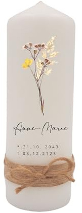 Milaboo Trauerkerze personalisiert 20 x 8 cm – Gedenkkerze mit Band & Schleife – Andenken an Verstorbene – Erinnerungskerze mit Wunschtext (Blume)
