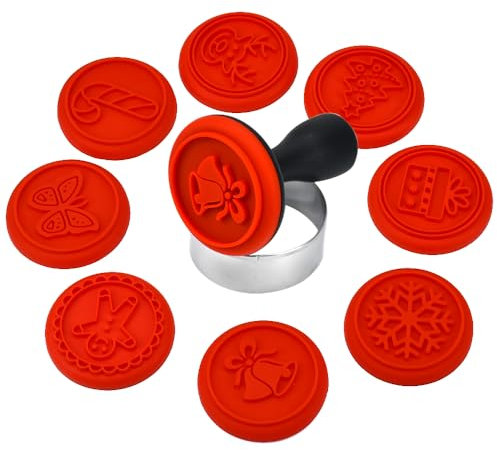 HEKOBAG 8 Pezzi Timbri per Biscotti Natalizi, Stampi per Biscotti Natalizi Timbro Biscotti Natale in Silicone con 1 Maniglia,1 Anello in acciaio inox, Formine per Biscotti Natalizi per Pasta, Mooncake