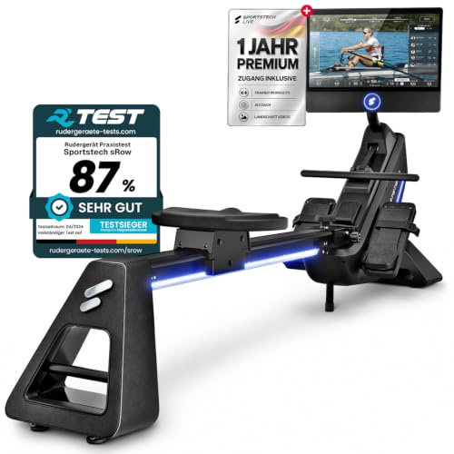 Sportstech Rudergerät für Zuhause, rudergeräte 24 Widerstandsstufen, sRow | Rudergerät klappbar leise Magnetbremssystem, LED Technologie & Tablethalter, rudermaschine mit App für sanftes Rudern