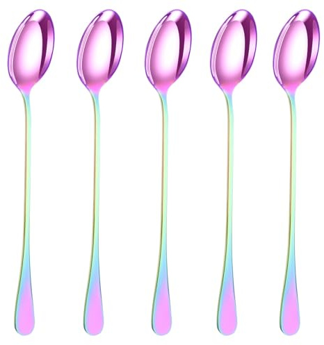 DIOXSTAR Stainless-Steel Long Handle Latte Spoons, Coffee Spoons for Tea, Sundae, Ice Cream, Dessert Ideal for Home, Kitchen, Restaurant, 19 CM, (Rainbow Spoon Pack of 6)