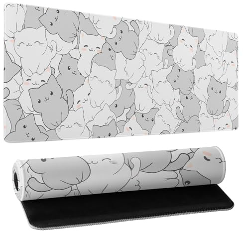 Gaming-Mauspad mit weißen Kawaii-Katzen, XL, Kawaii-Kätzchen, Anime-Schreibtischmatte, 80 x 30 cm, weiße niedliche Katze, Mauspad für Schreibtisch, rutschfeste Gummiunterseite, genähte Kanten,