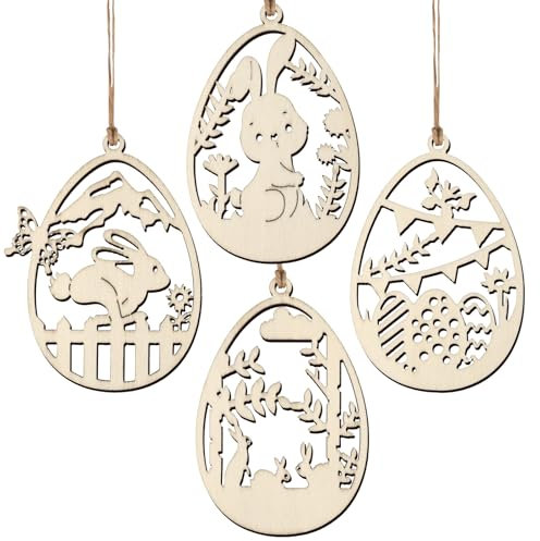 12pcs Decoración Pascua Huevos de Pascua Madera para Pintar Colorear Manualidades Niños Adornos Colgantes