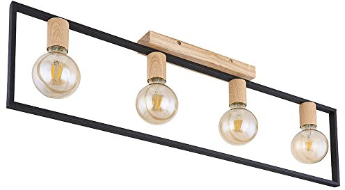 Deckenleuchte Deckenlampe Wohnzimmerleuchte Küchenlampe, Metall schwarz Holz braun, 4 Flammig, E27, L 90 cm