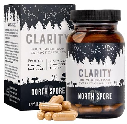 North Spore Organic Clarity Mushroom Extract Capsules | Lions Mane, Reishi, Cordyceps Supplement | Boost Focus, Memory, Vitality, Cognitive Function | Pure Organic Extract Blend - 120ct