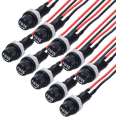 QUARKZMAN 10Pz Portafusibile a Pannello 5x20mm AC 250V 10A/AC 125V 15A Portafusibili a Cappuccio a Vite con Fili Pre-Saldati, Porta a Forma Rotonda