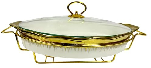 Reldor Ceramic Food Warmer with Gold Wire Stand and Lid for Heat & Moisture Retention, 15 Inch Oval Chafing Dish for Buffet, Ideal for Weddings, Parties, Catering Events (White & Gold)