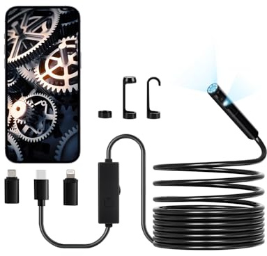 VEVOR Caméra Endoscopique Double Objectif Endoscope pour Android iOS avec Câble Semi-rigide 5 m, 8 + 1 Lumières LED, Zoom, Étanche IP67, Caméra Serpent d'Inspection HD 1920p pour Automobile, Plomberie