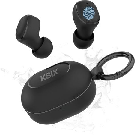 KSIX Neutron Écouteurs sans Fil, True Wireless Stereo, Bouton Multifonction, appels, Assistant Vocal, étui de Charge avec Mousqueton, autonomie 4h + 16h, USB-C, IPX4 résistant à l'eau, Noir