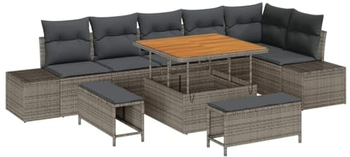 vidaXL Trädgårdsoffset med kudde 9 pcs Grå konstrotting, Trädgård och terrass, modern modulär utemöbel, UV-skyddad soffa, lätt rattansoffa, mysig patio-lounge