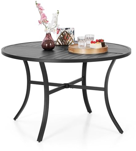 MFSTUDIO Round Garden Table Only with Adjustable Parasol Hole, 107cm Black Patio Outdoor Dining Metal All-Weather Table for 4 Person