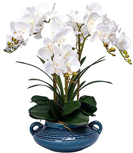 SdaryWare Orchidée Phalaenopsis Artificielle, Fausse orchidée avec Vase en céramique, décoration d'intérieur, fête de Mariage, Vert,White-A