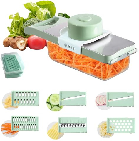 Affettaverdure, 7 in 1 Affettaverdure regolabile in acciaio inox con vassoio di raccolta, affettatrice spessa/sottile, gadget da cucina e grattugia, con cestello di scarico e 6 lame-verde (Verde)