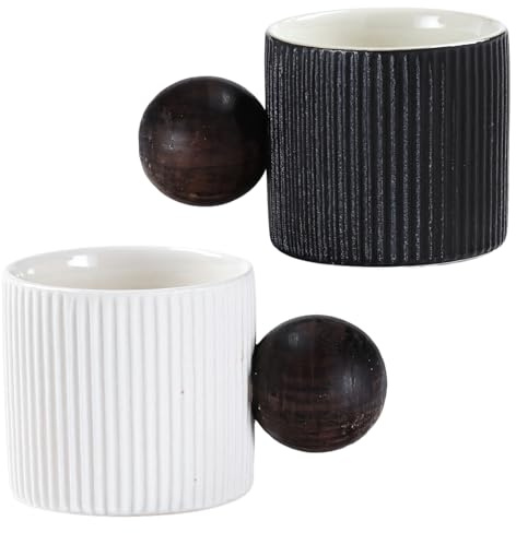 Juego de 2 mini tazas de café expreso, tazas de cerámica de 2 onzas con mango redondo de madera, diseño de rayas verticales, para bebidas frías y calientes