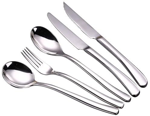 Set di Posate in Acciaio Inossidabile con coltelli da Bistecca - 5/20/30/40/50/60 Pezzi (Argento 10 Set 50 Pezzi)