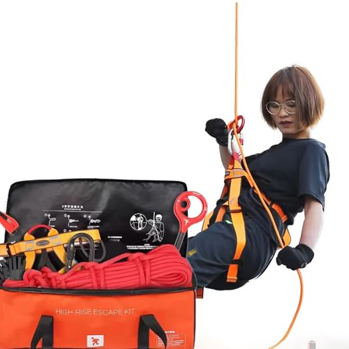 EZZPGDKU Échelle De Secours Incendie 2–4 Étages avec Corde en Acier, Kit D’Urgence 8 Pièces avec Descendeur, Harnais, Gants Et Brise-vitre pour Maison Et Appartement