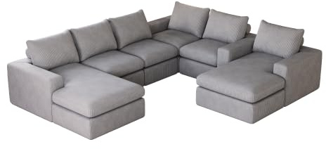 HAINEW Modern 6-sitsig L-formad hörnsoffa hörnsoffa för vardagsrum, lägenhet, 321,3 × 368 × 81 cm, manchestermaterial, ramlös, ingen installation krävs, gör-det-själv (ljusgrå)