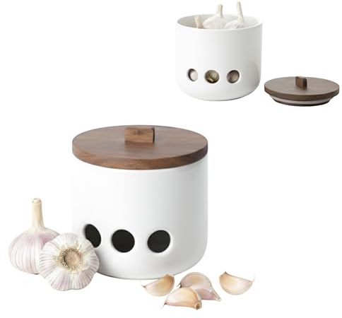 KOOK TIME Knoblauchtopf Keramik mit Deckel aus Akazienholz, Belüftet, Weiß | Serie CURVE, Vorratsdose für frischen Knoblauch, Zwiebeln oder Ingwer, Skandi-Design, 11.5x12 cm