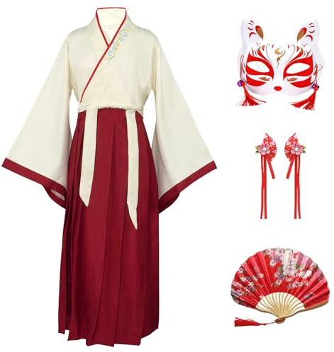 CRFASIBE Costume da Hanfu per Bambini, Set di 4 Pezzi Abito Tradizionale Cinese con Maschera Kitsune, Accessori per Capelli e Ventaglio Pieghevole, Perfetto per Feste e Carnevale(Beige, 130cm)