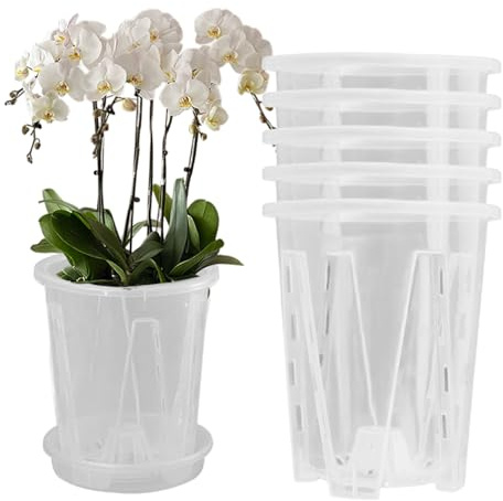 Confezione da 5 vasi per orchidee trasparenti con fori e sottovasi, fioriera in plastica per Phalaenopsis, vasi da fiori per interni ed esterni con eccellente drenaggio e ventilazione 14 cm, decorazi