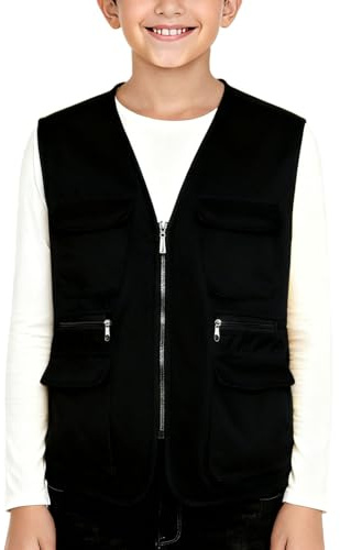Kids Utility Vest with Multi Pocket, Quick Dry Fishing Waistcoat Outdoor Work Safari Travel Gilet Camping Hunting Photography Summer Jackets School Outerwear Black 11 Years