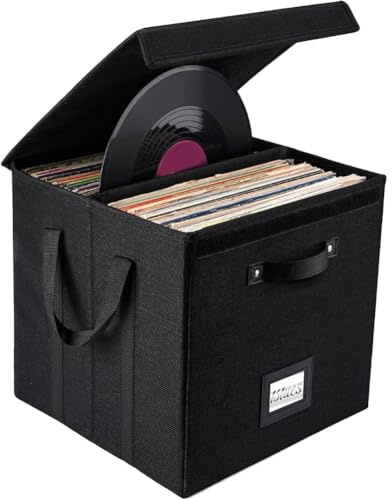 FACAIIO Caja de almacenamiento de discos de vinilo de 33 x 33 x 33 cm, funda de tela de lino para discos de 12 pulgadas, diseño apilable a prueba de polvo, color negro