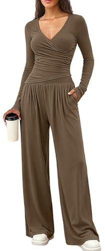 Sukiglam Conjunto Deportivo Mujer Manga Larga Cuello en V Chandal de 2 Piezas Sexy Ajustada Top Cruzado y Pantalón Anchos con Bolsillos Casual Chandales Casa Pijama Conjuntos de Otoño para Fitness