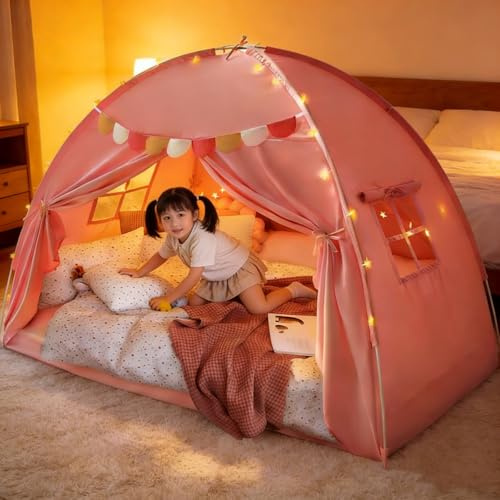 Kinderzelt Indoor,Zelt Kinderzimmer Mits Buntens Fahnen,Tipi Zelt für Kinder,Spielzelt Kinder Indoor,Faltbars Spiels Haus für Gartens Campings (G-Rosa-[194x98x120cm])
