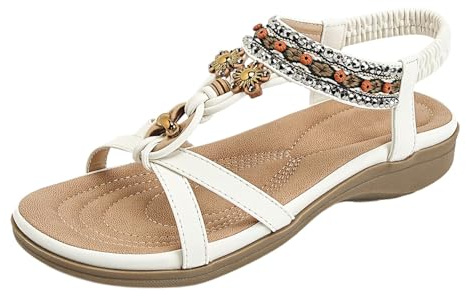 Genérico sandalias deportivas mujer,planas con tiras en T y cuentas para,con piedras preciosas de colores y elástico Pala De (White,42)