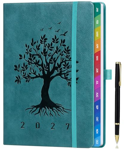 Kalender 2027 A5 Buchkalender 1 Woche 2 Seiten, Deutsch - Türkis | Wochenplaner 2027 mit Monatsregister, Terminplaner Jan–Dez 2027, mit Notizseiten & Tasche, für Büro, Schule & Familie