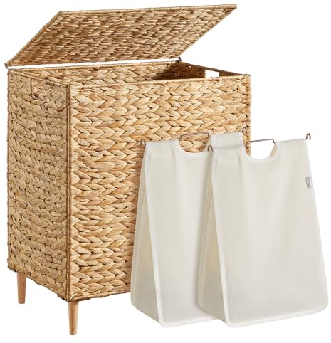 SONGMICS Wäschekorb 2 Fächer, Wäschesammler 130 L handgeflochten, Wäschesortierer Wasserhyazinthe, Deckel, natürlich, Innensack herausnehmbar, maschinenwaschbar, Griffe, naturfarben LCB202Y01