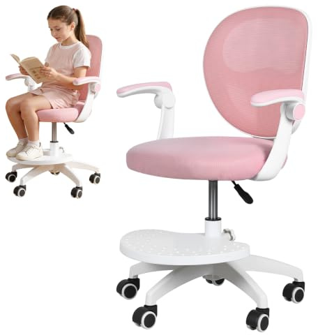 Autrfso Barnskrivbordsstol ergonomisk, höjdjusterbar barnsnurrstol 39–49 cm med fotstöd, 90° fällbara armstöd, nätryggstöd och hjul för flickor pojkar 5–13 år rosa
