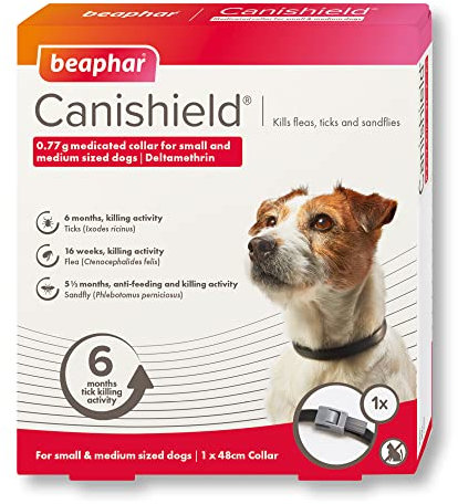 Beaphar Canishield Flohhalsband für medizinische Hunde, tötet Flöhe, Zecken und Sandfliegen, verstellbar für kleine/mittelgroße Hunde (bis 48 cm) | lang anhaltender Schutz | Tierarzt-Kraftbehandlung