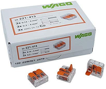 WAGO Plug-in terminal 3-way with lever for rigid (0.2-4 mm²) and flexible (0.14-4 mm²) wires to open again, transparent/orange, contents: 50 pieces